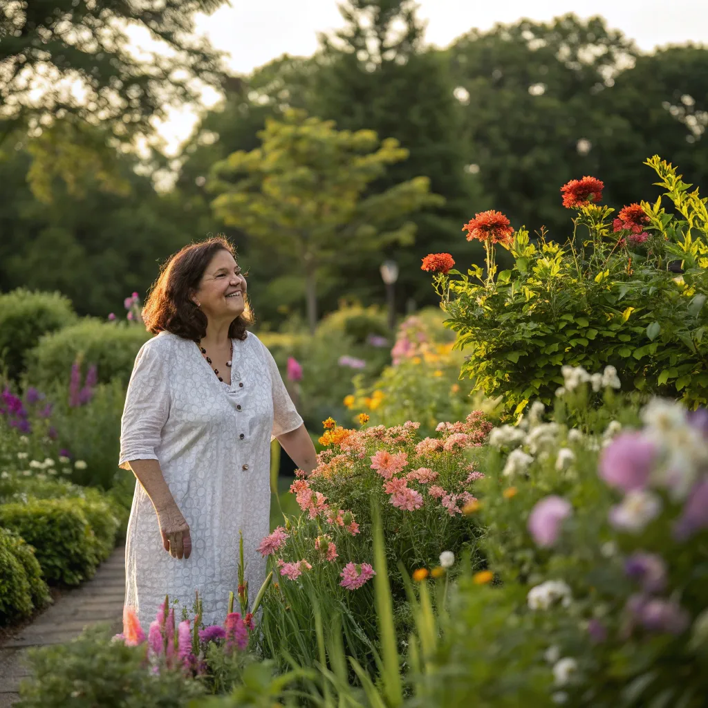 Susan in her blooming garden